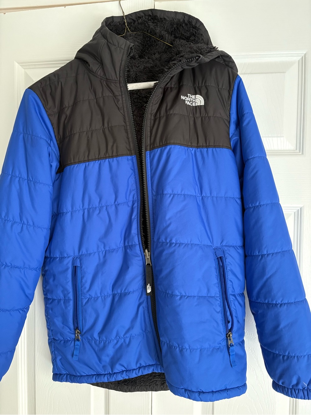 The North Face Blue and Black Reversible Hooded Kids Puffer Jacket